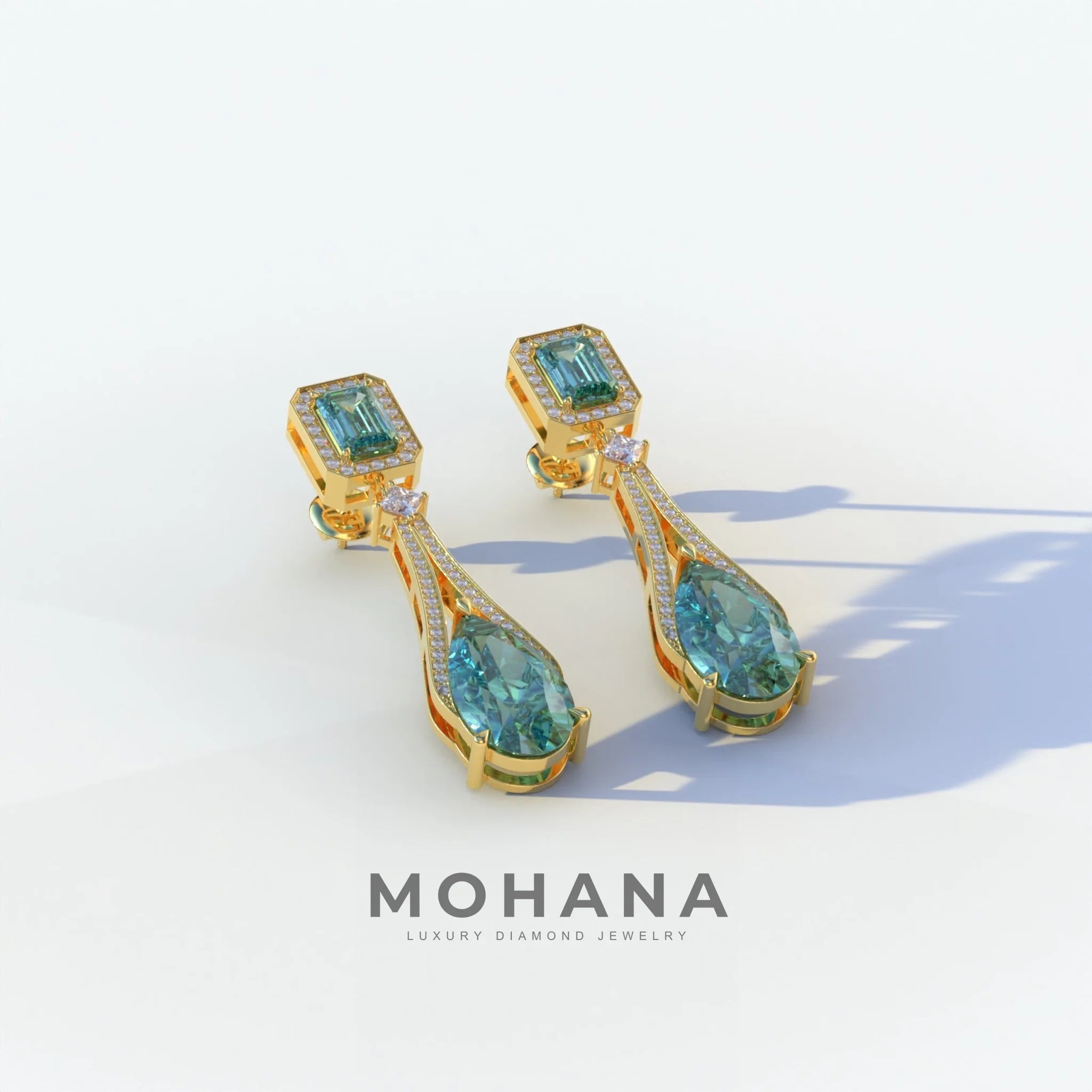 Canary - Green Color Pear & Emerald Diamond Drop Earrings | Fancy Halo Setting | Certified