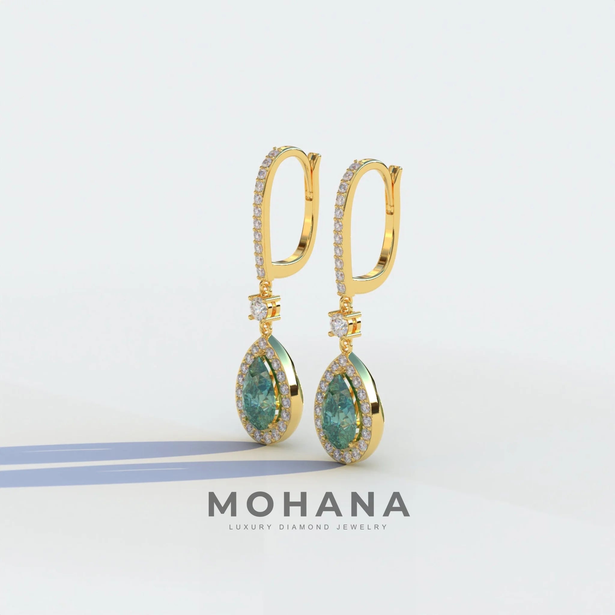 Cleopatra - Pear Cut Green Color Diamond Stud Earrings | Halo & Pave Setting | Certified