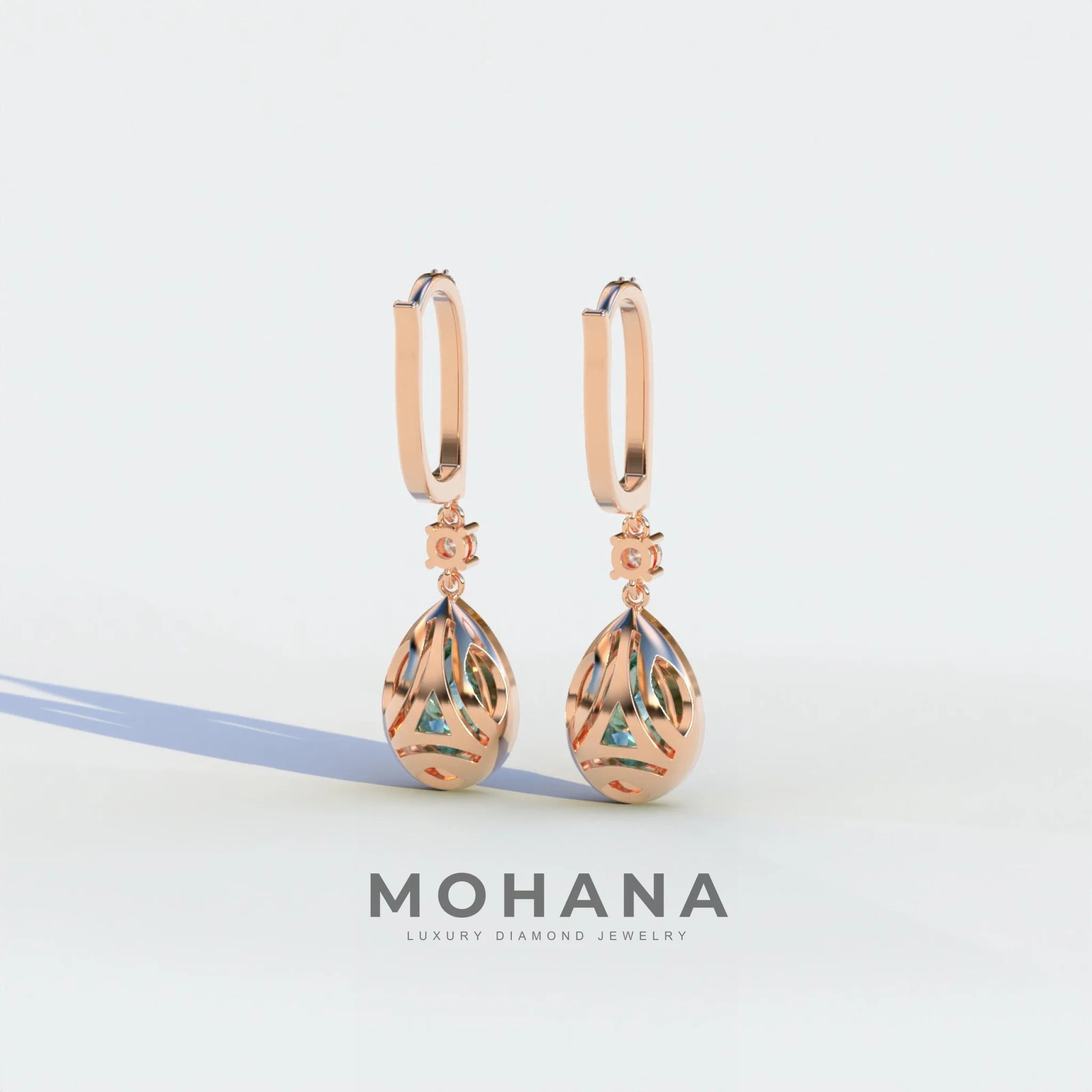 Cleopatra - Pear Cut Green Color Diamond Stud Earrings | Halo & Pave Setting | Certified