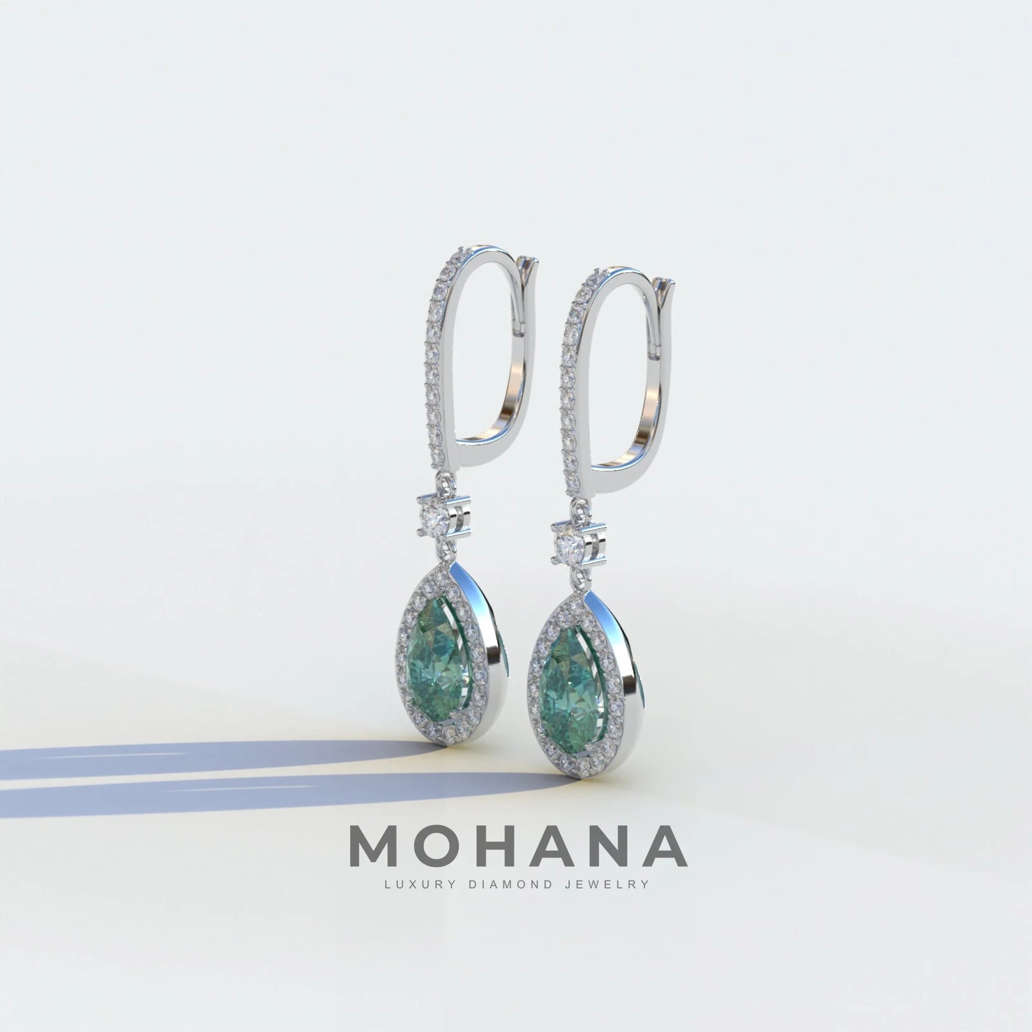 Cleopatra - Pear Cut Green Color Diamond Stud Earrings | Halo & Pave Setting | Certified
