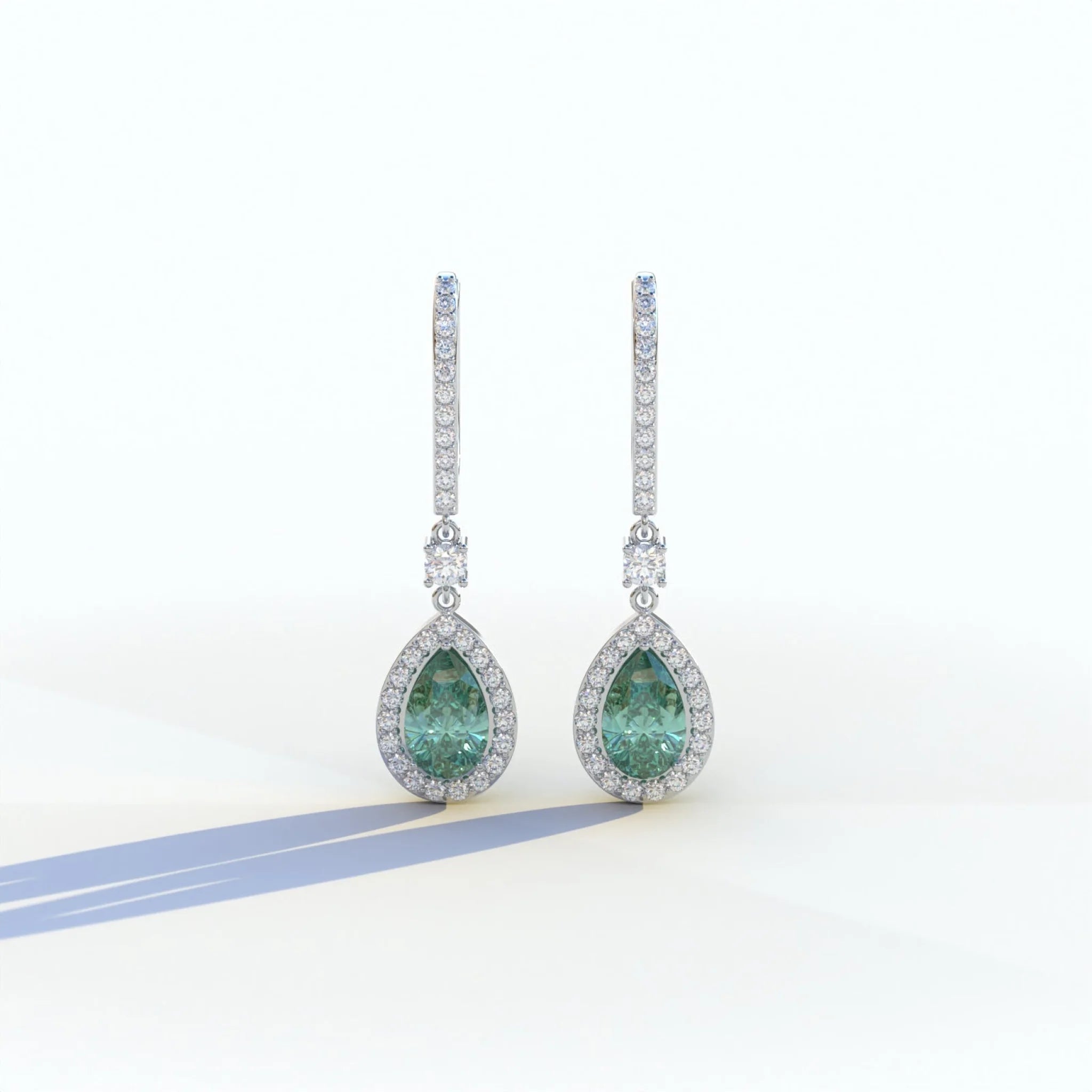 Cleopatra - Pear Cut Green Color Diamond Stud Earrings | Halo & Pave Setting | Certified - 1 Carat Tw. Lab Diamond