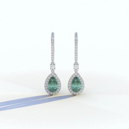 Cleopatra - Pear Cut Green Color Diamond Stud Earrings | Halo & Pave Setting | Certified - 1 Carat Tw. Lab Diamond