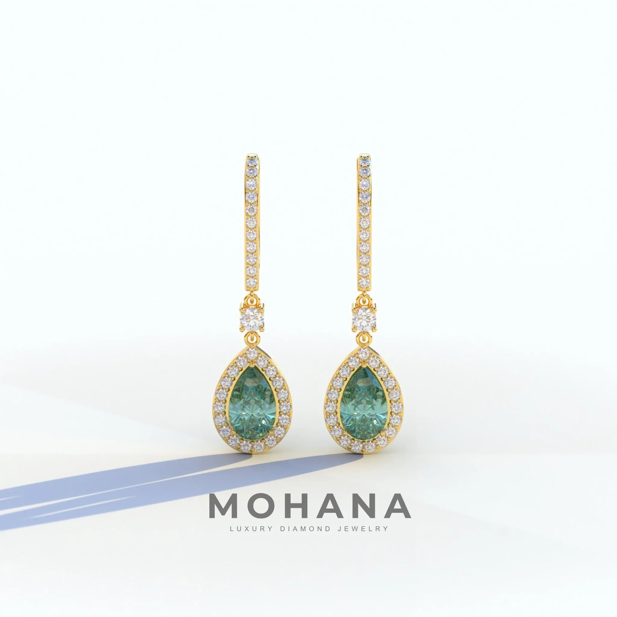 Cleopatra - Pear Cut Green Color Diamond Stud Earrings | Halo & Pave Setting | Certified - 1 Carat Tw. Lab Diamond