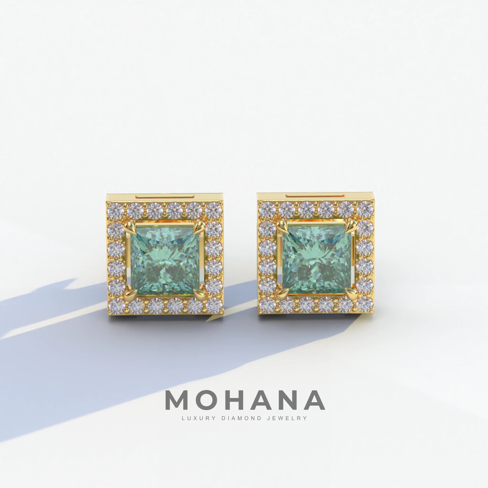 1 Carat Green Princess Cut Lab Grown Diamond Halo Stud Earrings - 10K Solid Gold / Yellow Gold