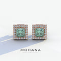 1 Carat Green Princess Cut Lab Grown Diamond Halo Stud Earrings - 10K Solid Gold / Rose Gold