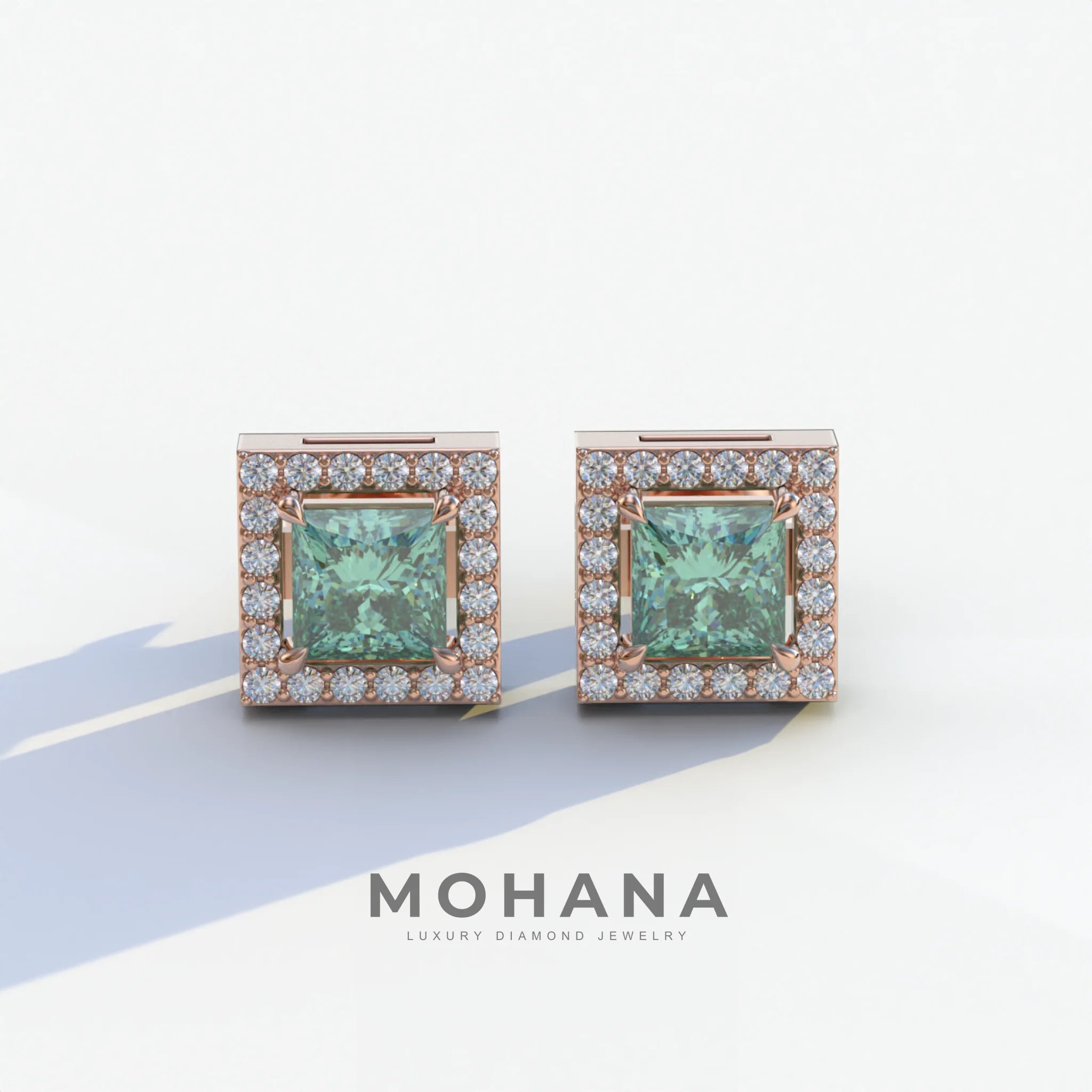 1 Carat Green Princess Cut Lab Grown Diamond Halo Stud Earrings - 10K Solid Gold / Rose Gold