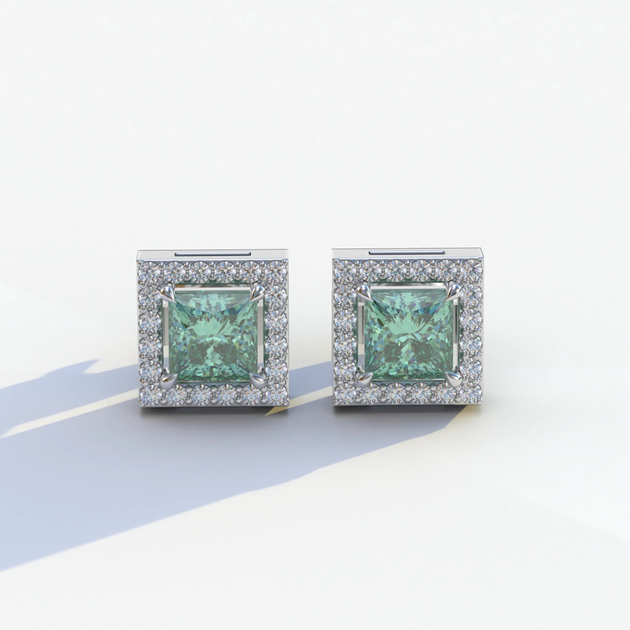 1 Carat Green Princess Cut Lab Grown Diamond Halo Stud Earrings - 10K Solid Gold / White Gold