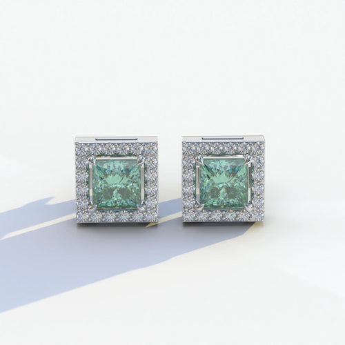 1 Carat Green Princess Cut Lab Grown Diamond Halo Stud Earrings - 10K Solid Gold / White Gold