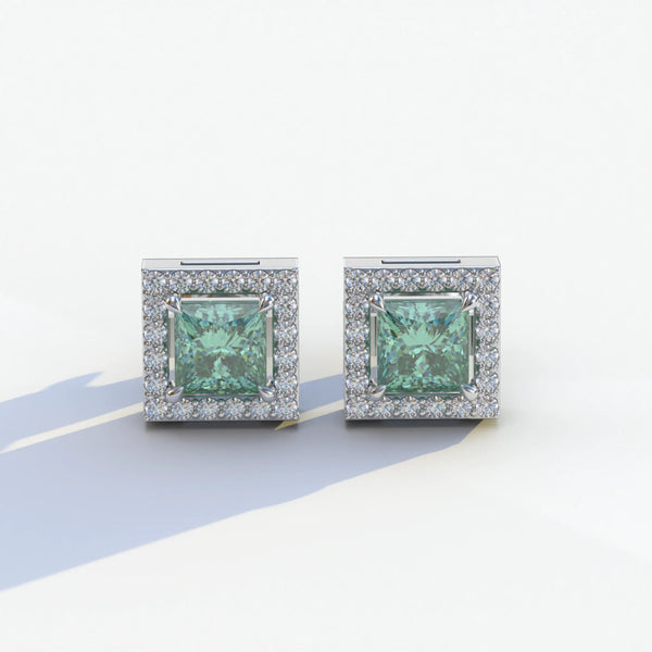 1 Carat Green Lab Grown Diamond Stud Earrings – Princess Cut Halo