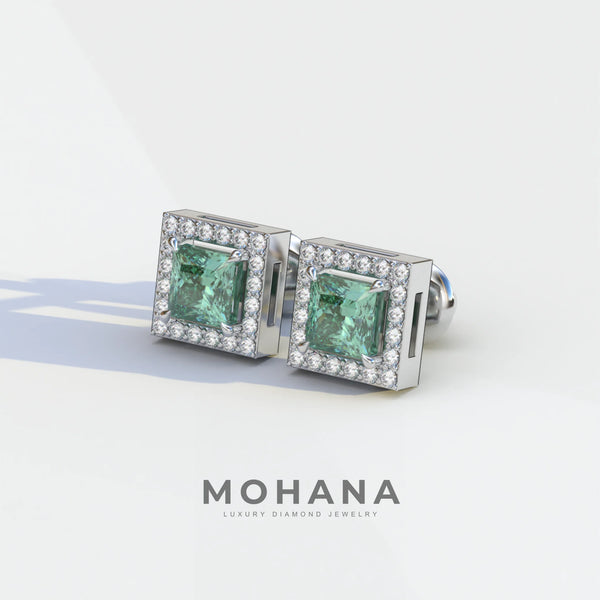 1 Carat Green Lab Grown Diamond Stud Earrings – Princess Cut Halo alternate view