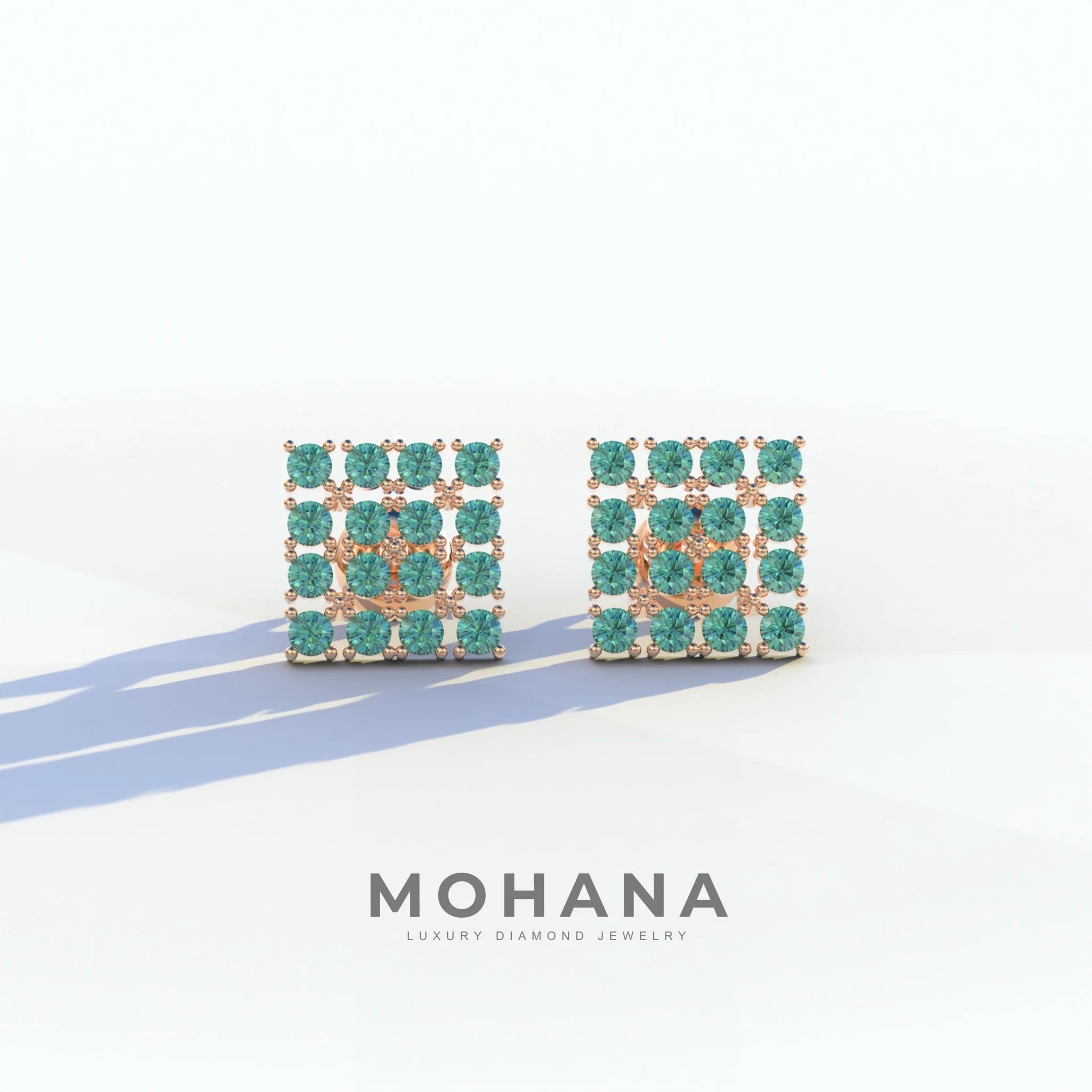 Green Round Cut Lab Diamond Cluster Setting Stud Earrings - Cindy - 10K Solid Gold / Rose Gold