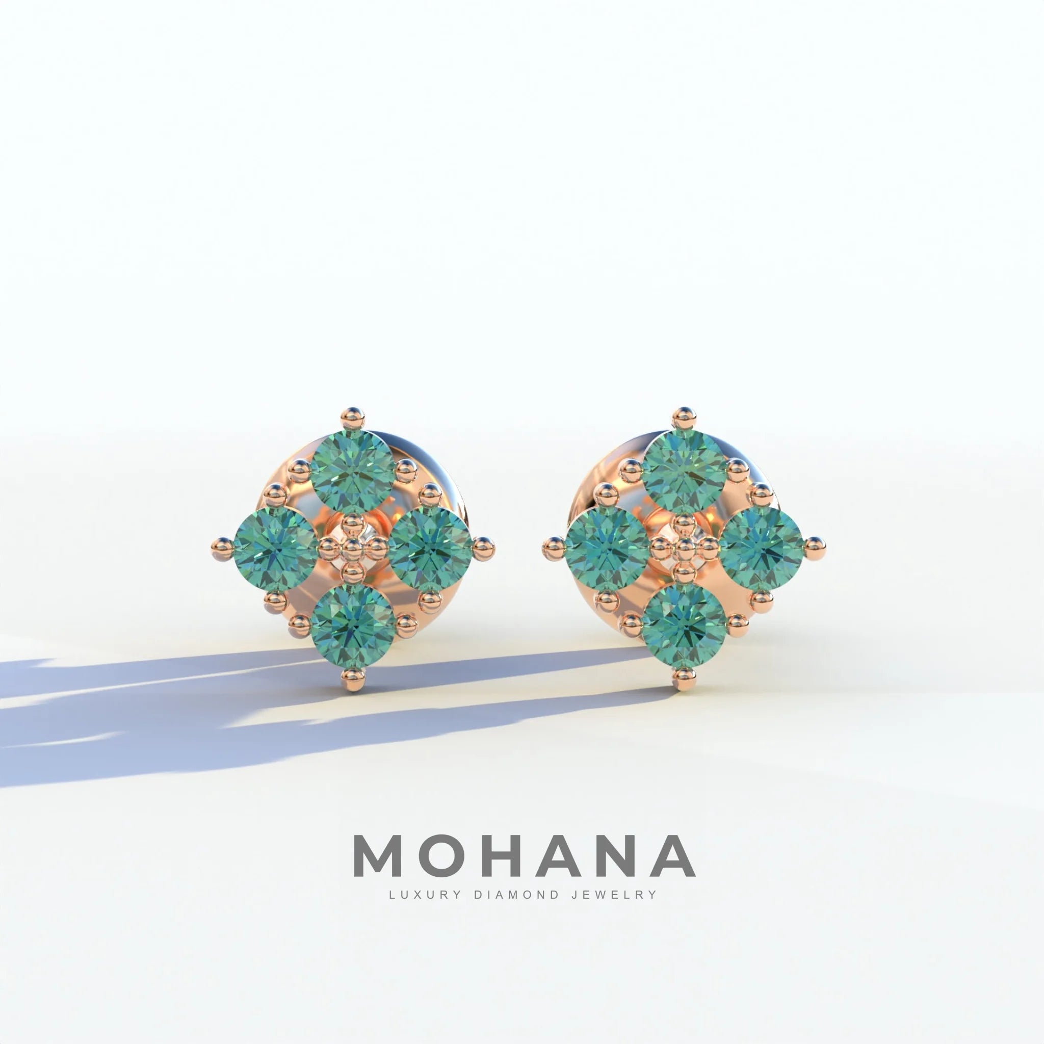 Green Round Cut Lab Diamond Stud Earrings | Cluster Setting - Rae Brilliance - 10K Solid Gold / Rose Gold