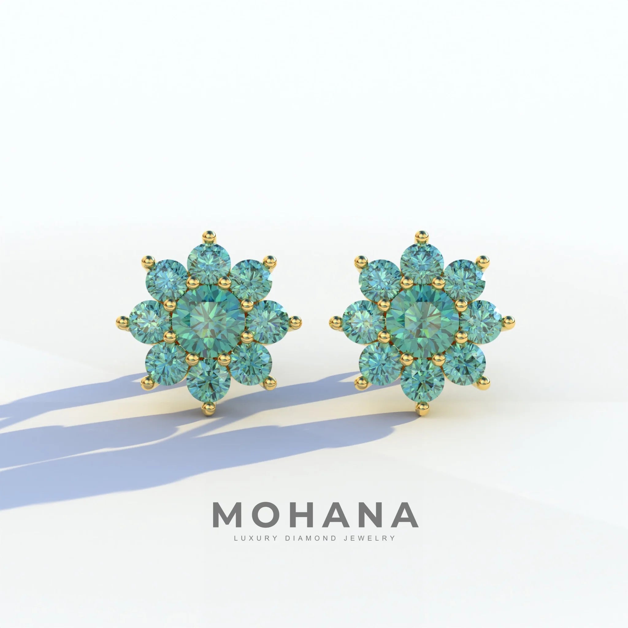 Persee - Round Green Diamond Stud Earrings| Piercing Flower Setting - 10K Solid Gold / Yellow Gold