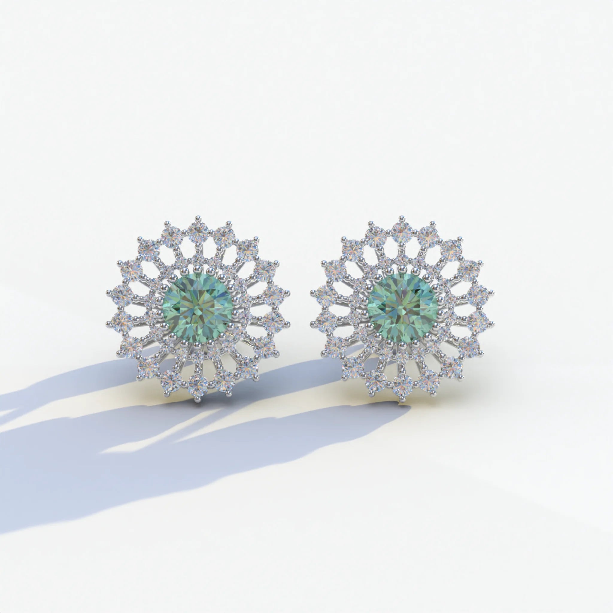 Aster - Green Color Round Diamond Stud Earrings - 10K Solid Gold / White Gold
