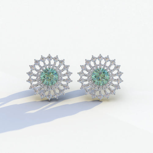 Aster - Green Color Round Diamond Stud Earrings - 10K Solid Gold / White Gold