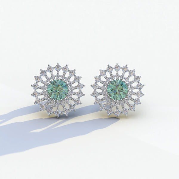 1 Carat Green Lab Grown Diamond Stud Earrings – Round Cut Halo