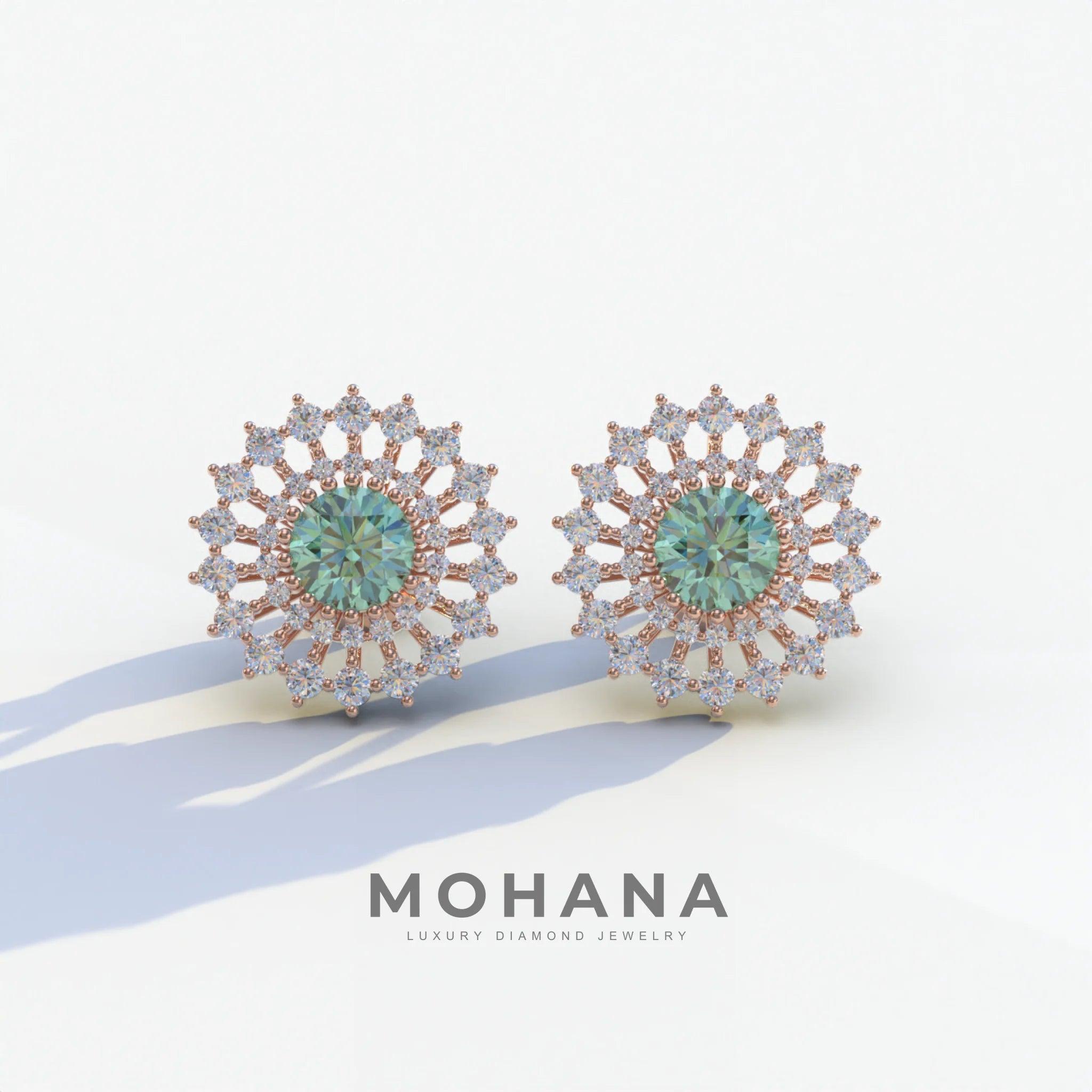 Aster - Green Color Round Diamond Stud Earrings - 10K Solid Gold / Rose Gold
