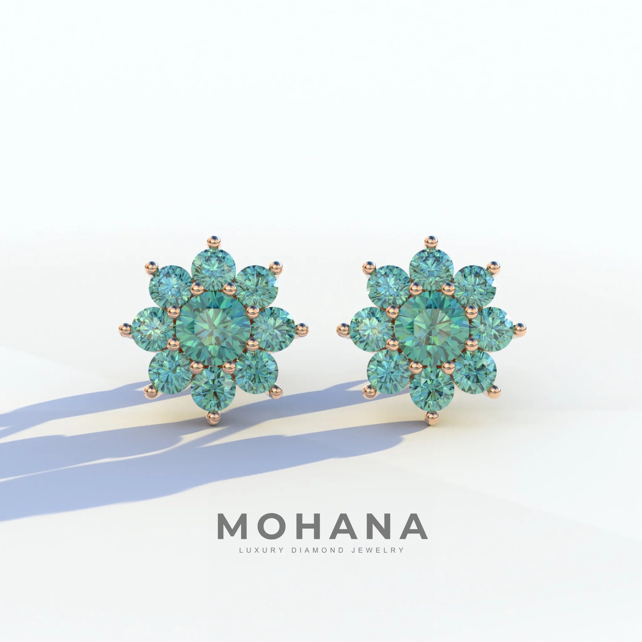 Persee - Round Green Diamond Stud Earrings| Piercing Flower Setting - 10K Solid Gold / Rose Gold