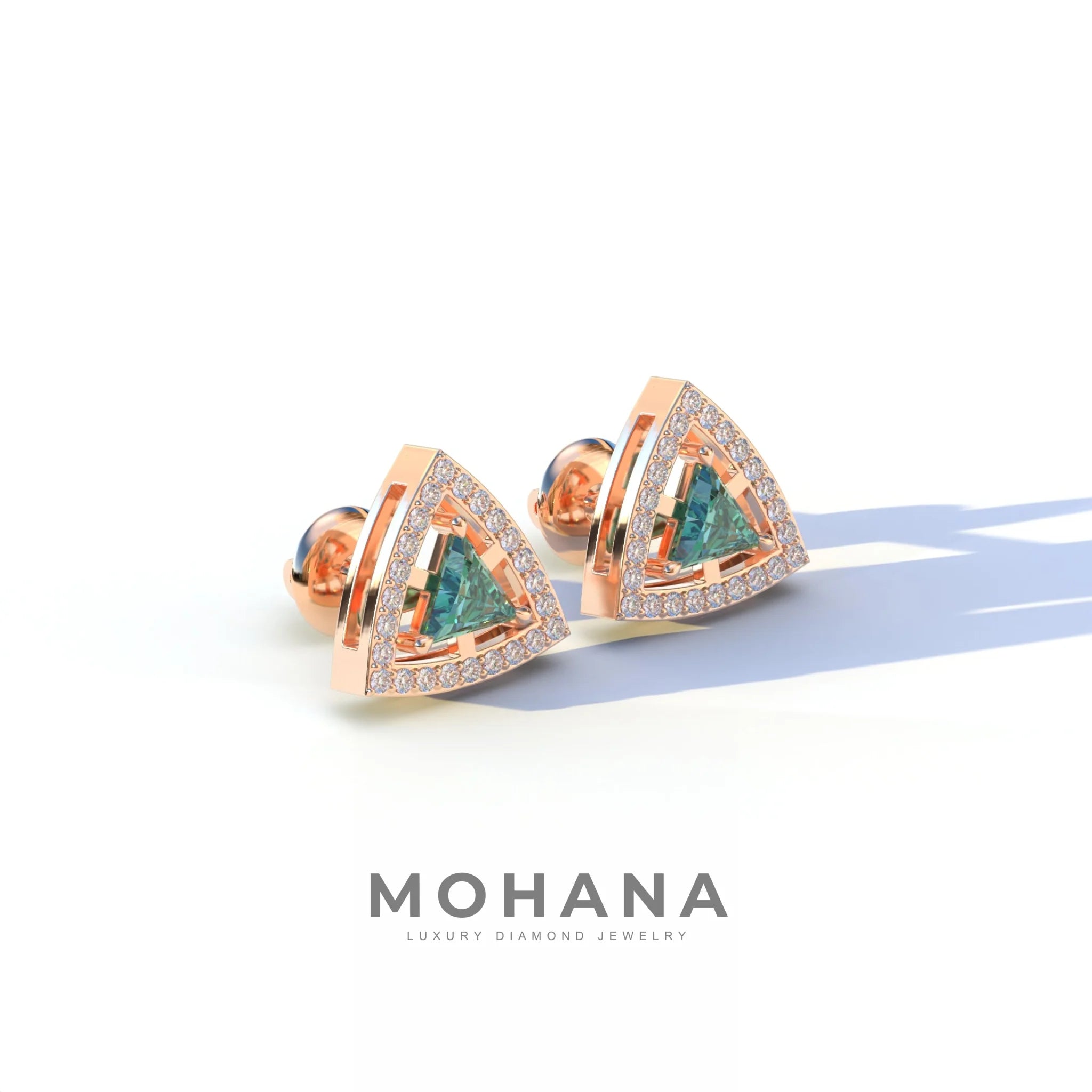 Green Color Triangle Cut Lab Diamond Halo Stud Earrings - Trinity