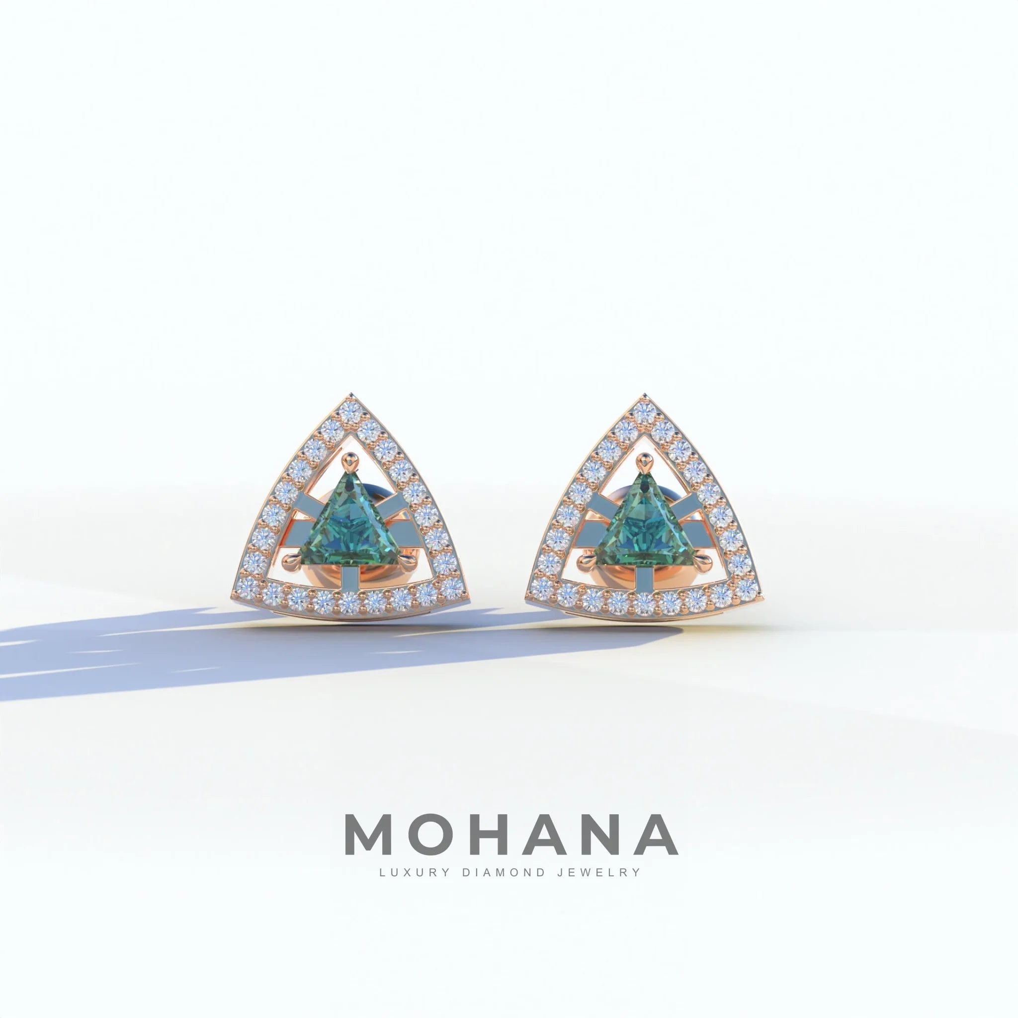 Green Color Triangle Cut Lab Diamond Halo Stud Earrings - Trinity - 10K Solid Gold / Rose Gold