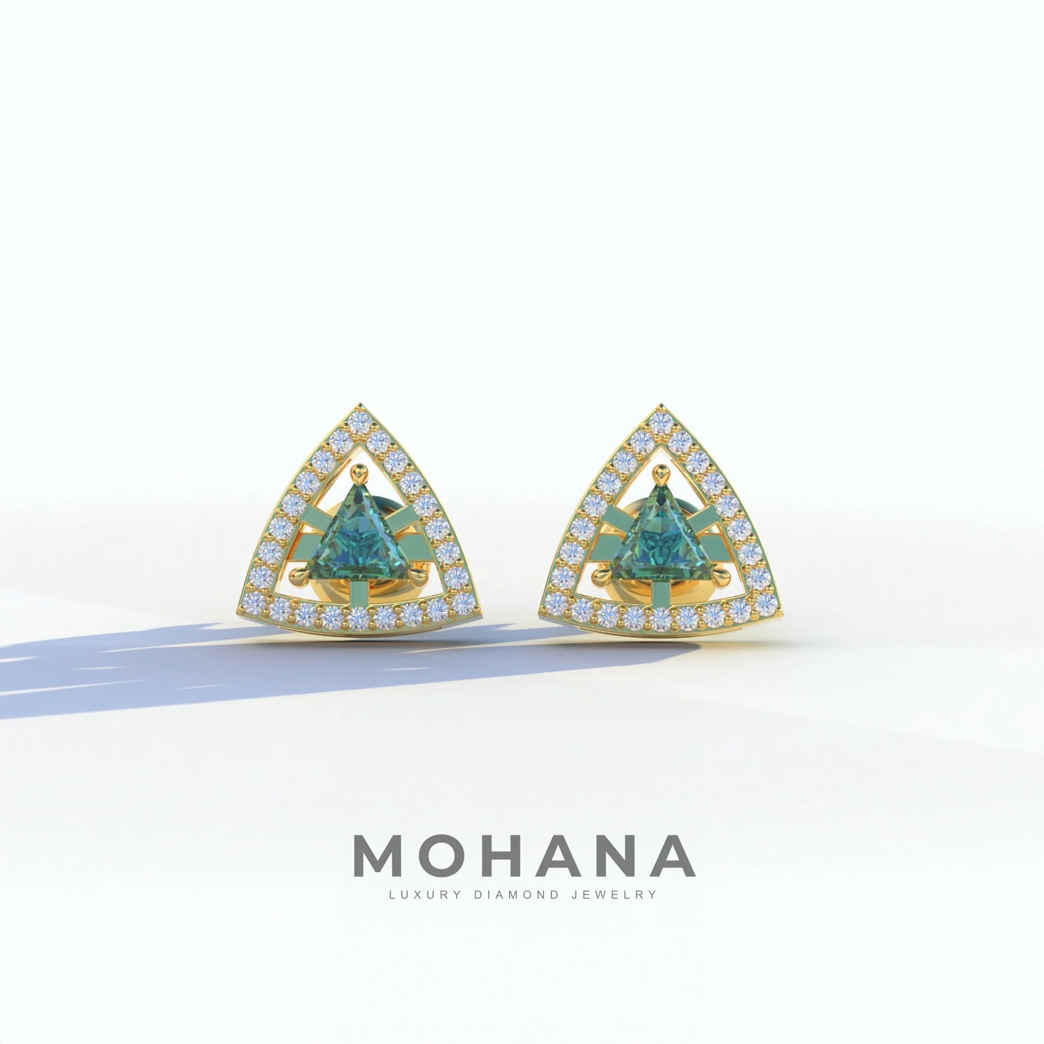 Green Color Triangle Cut Lab Diamond Halo Stud Earrings - Trinity - 10K Solid Gold / Yellow Gold
