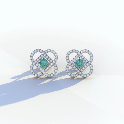 Green Color Round Cut Lab Diamond Stud Earrings - Hanri Daussi - 10K Solid Gold / White Gold