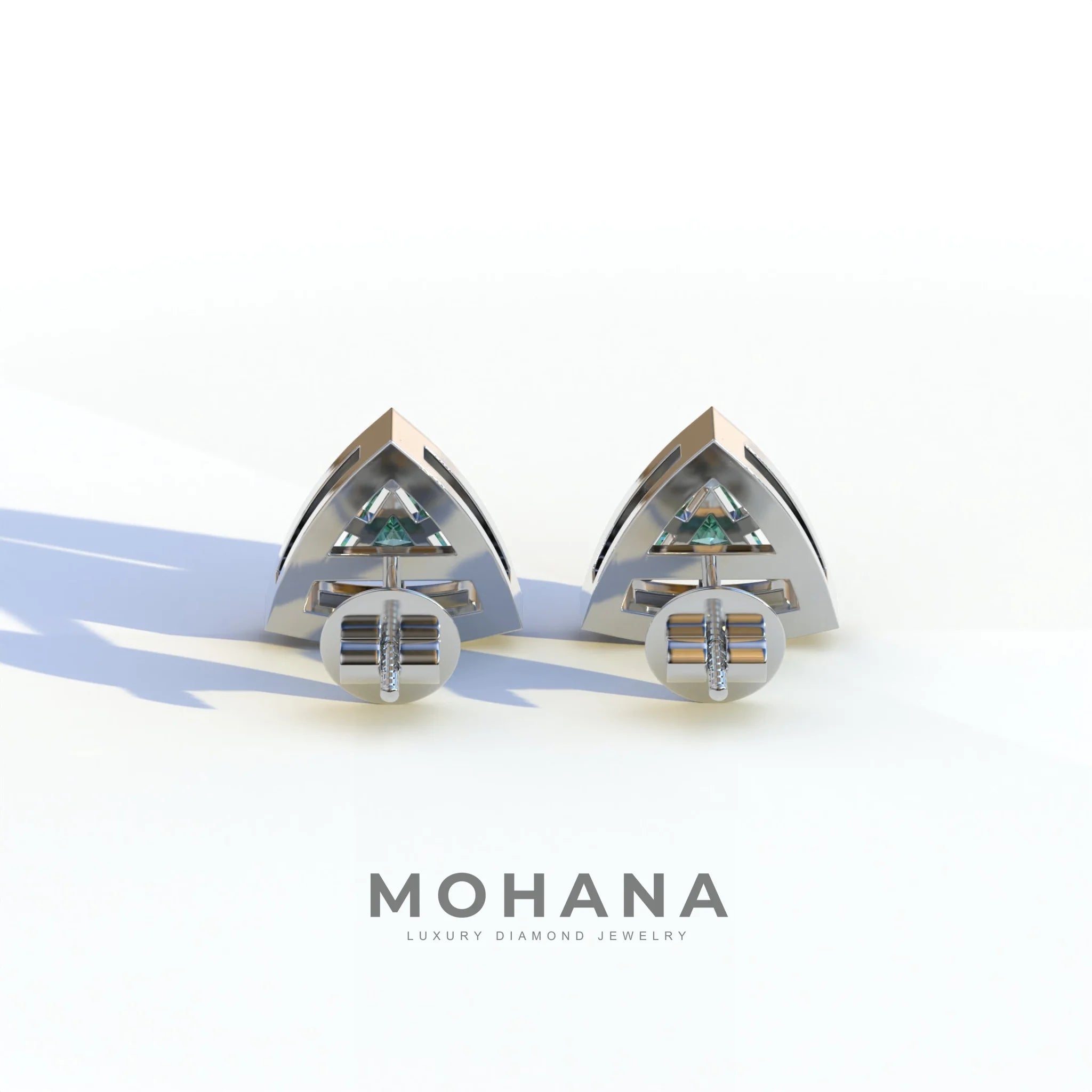 Green Color Triangle Cut Lab Diamond Halo Stud Earrings - Trinity
