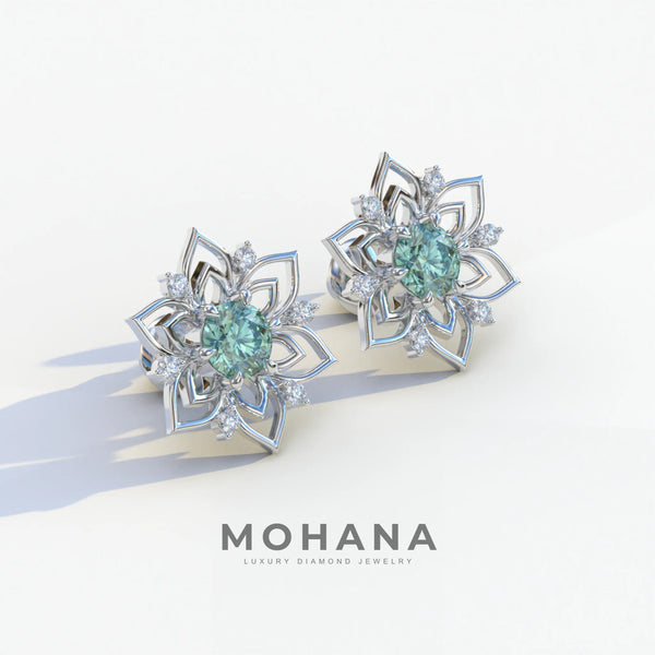 1 Carat Green Lab Grown Diamond Stud Earrings – Round Cut Halo alternate view