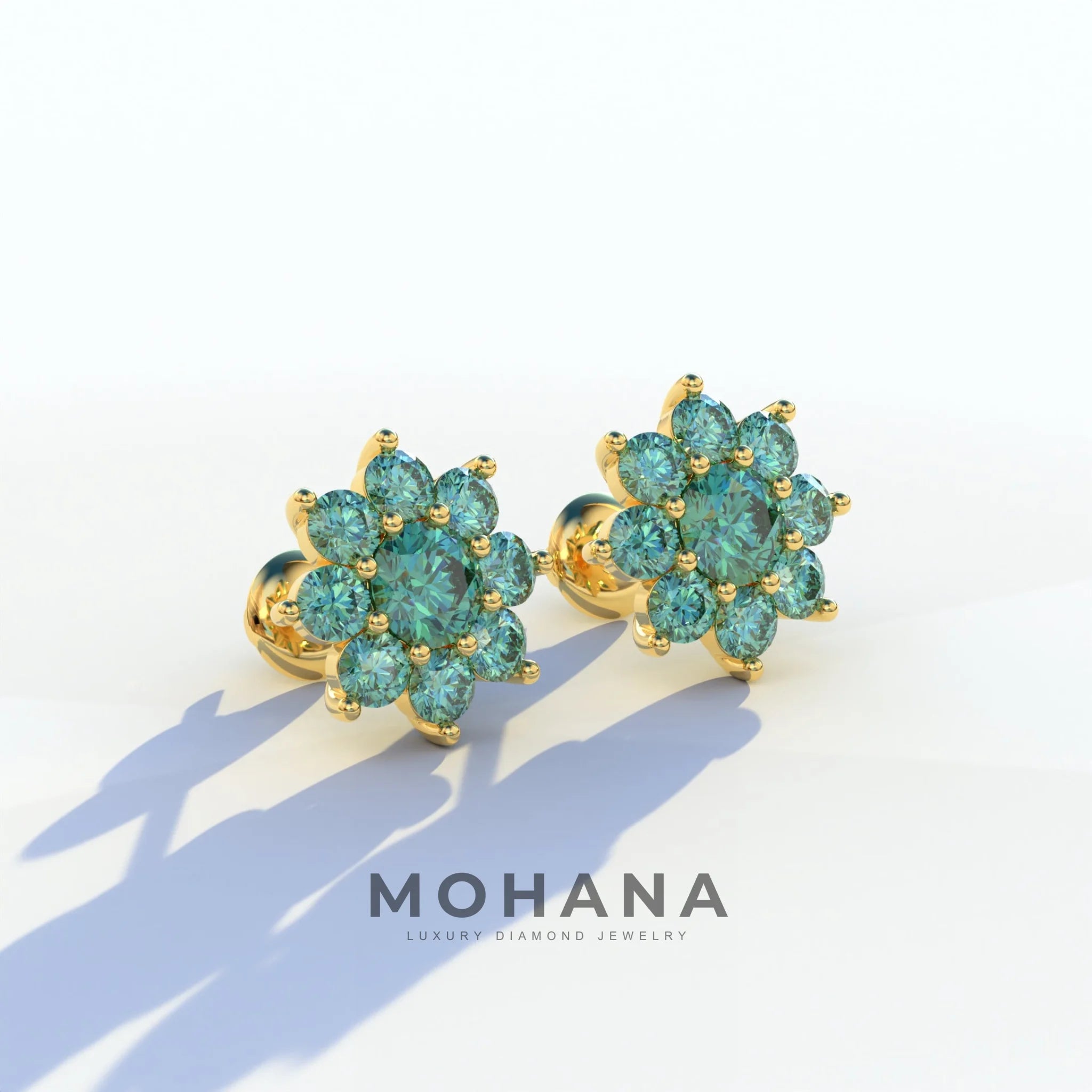 Persee - Round Green Diamond Stud Earrings| Piercing Flower Setting