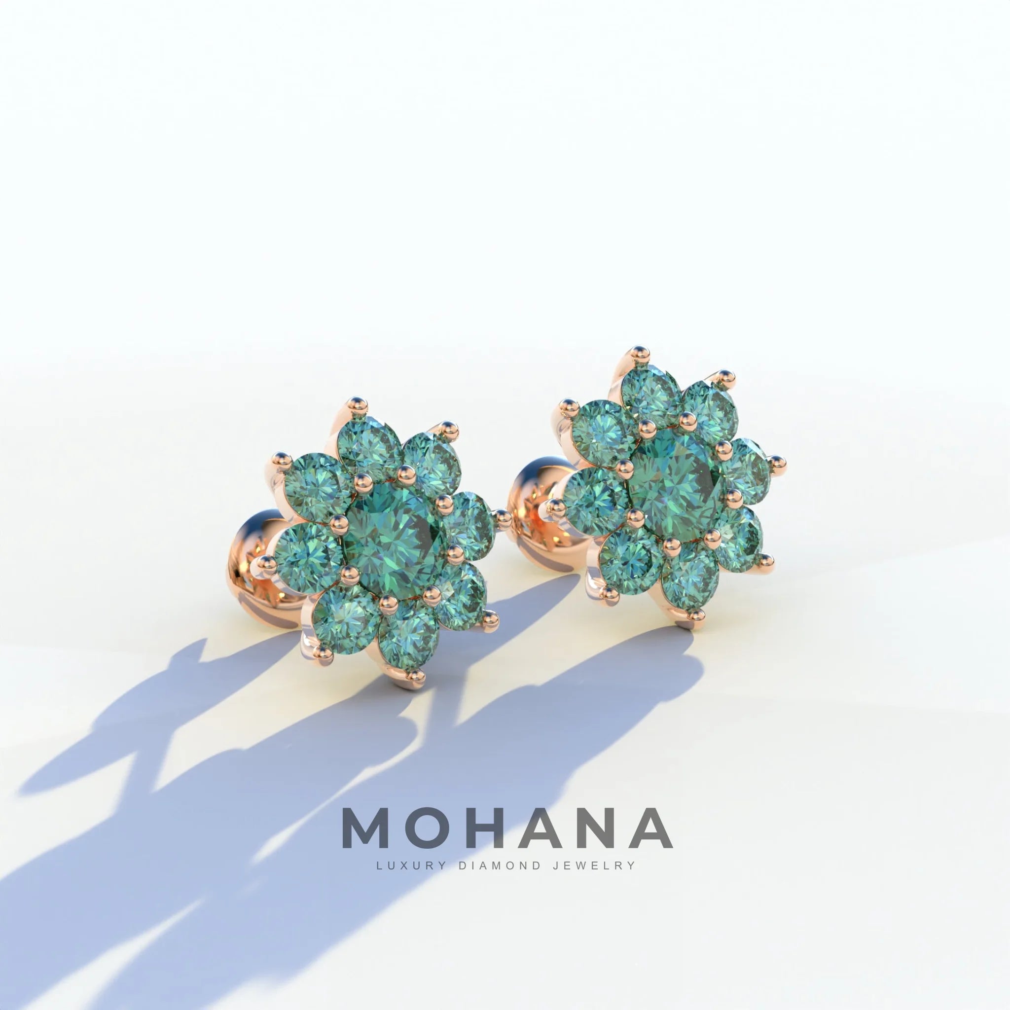 Persee - Round Green Diamond Stud Earrings| Piercing Flower Setting