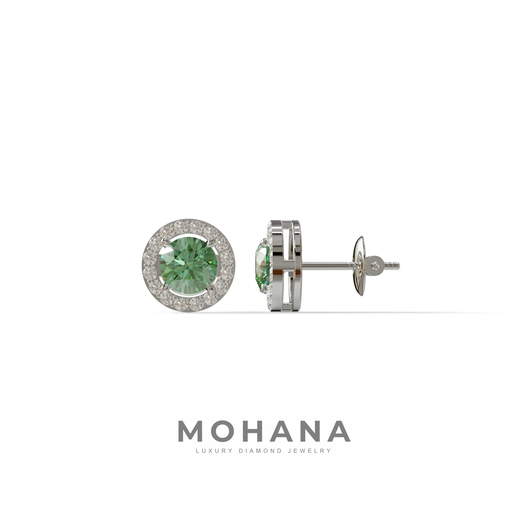 Ciera - Green Color Round Diamond Stud Earrings | Halo Setting | Certified