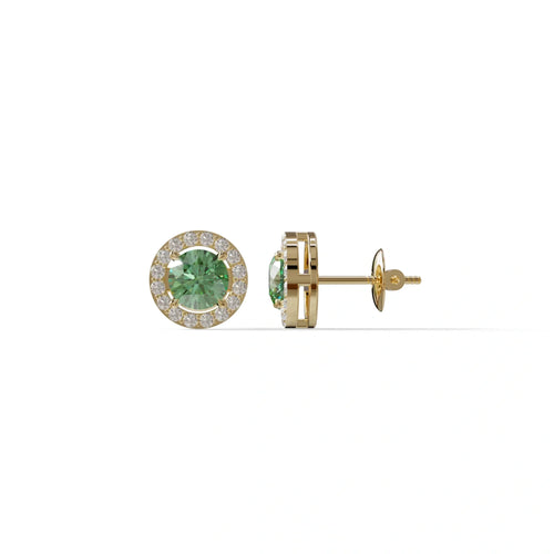 Ciera - Green Color Round Diamond Stud Earrings | Halo Setting | Certified