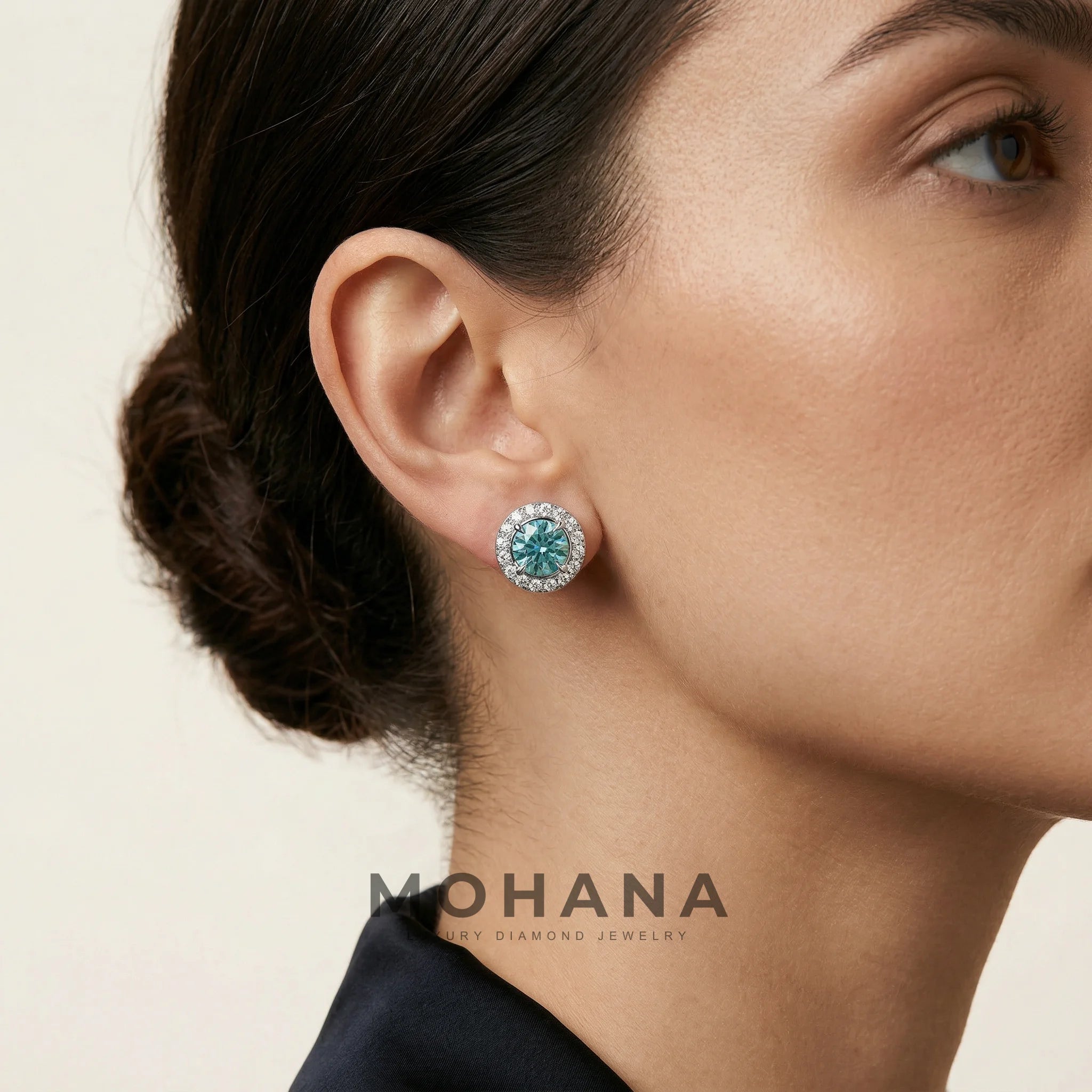 Ciera - Green Color Round Diamond Stud Earrings | Halo Setting | Certified