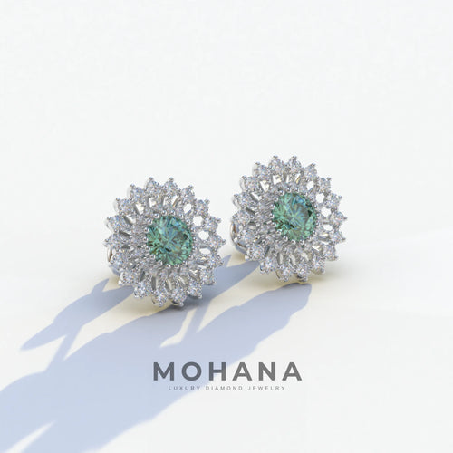 Aster - Green Color Round Diamond Stud Earrings