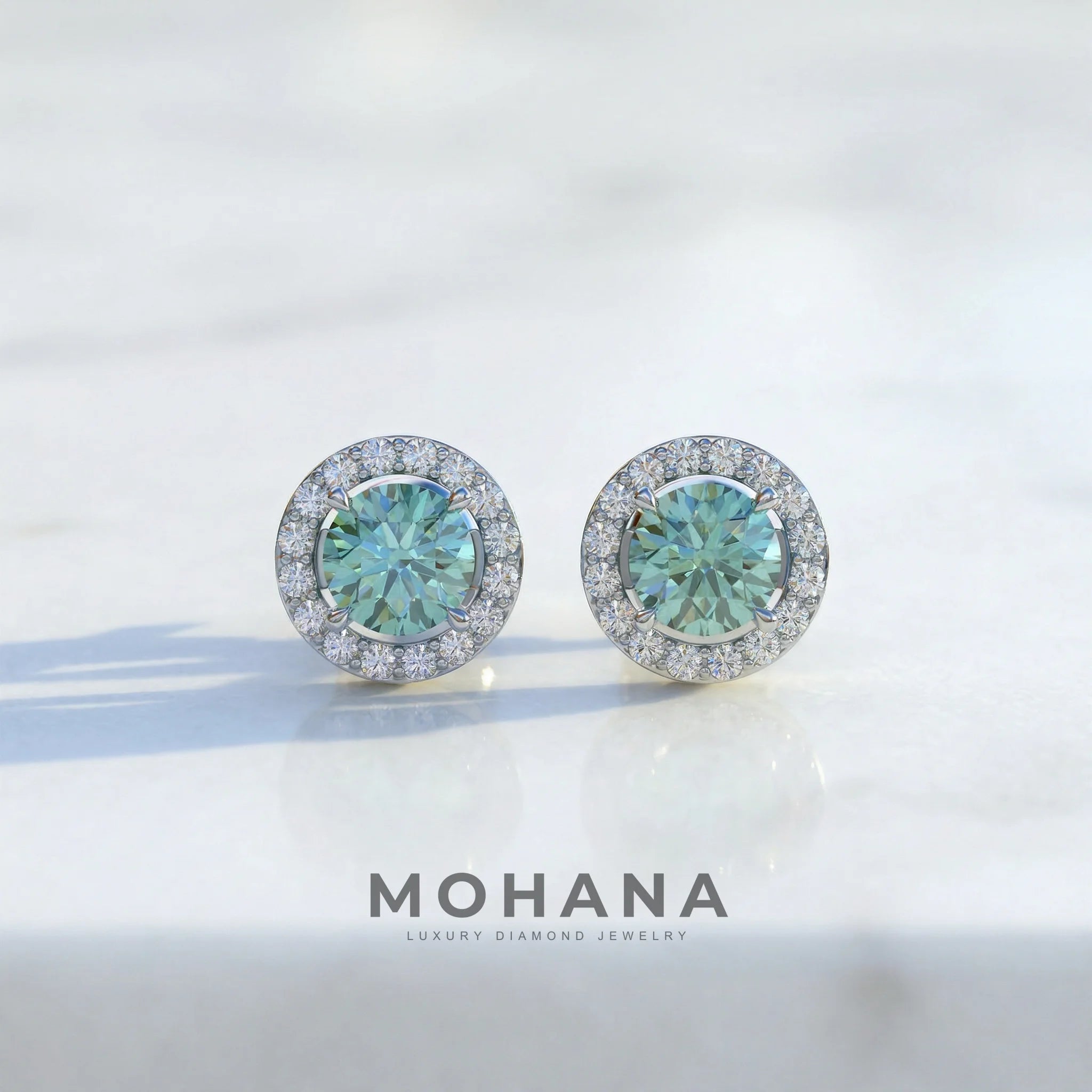 Ciera - Green Color Round Diamond Stud Earrings | Halo Setting | Certified