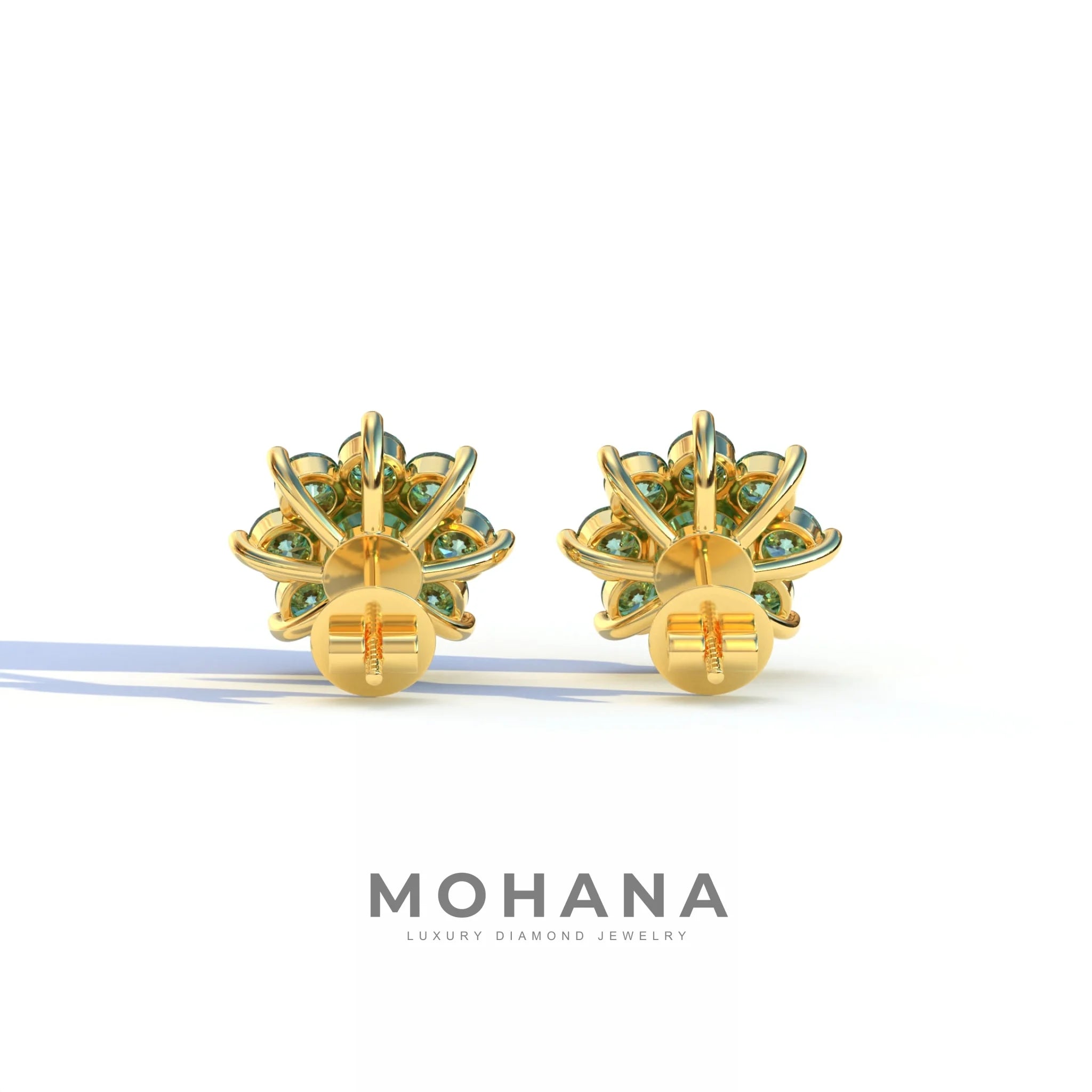 Persee - Round Green Diamond Stud Earrings| Piercing Flower Setting