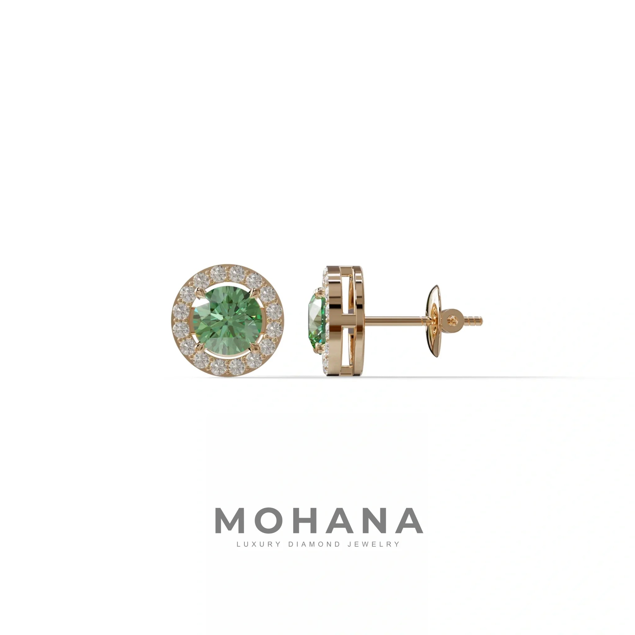 Ciera - Green Color Round Diamond Stud Earrings | Halo Setting | Certified