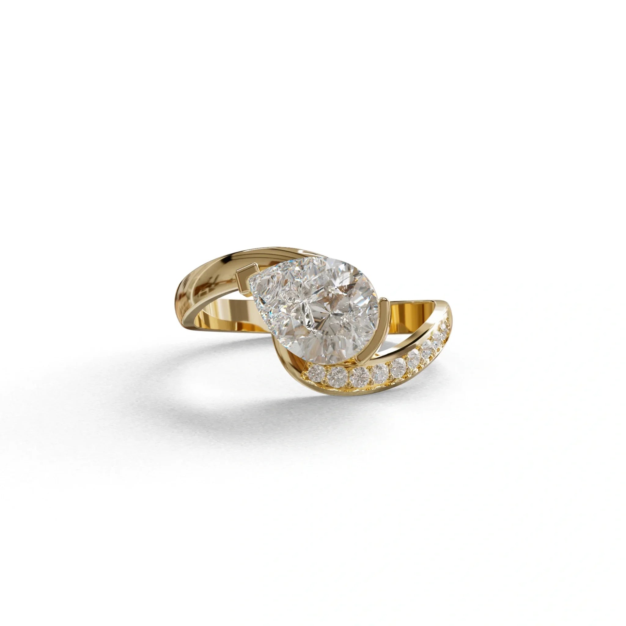 1 Carat E VVS Pear Cut Unique Lab Grown Diamond Ring - Capricorn - 10K Solid Gold / Yellow Gold