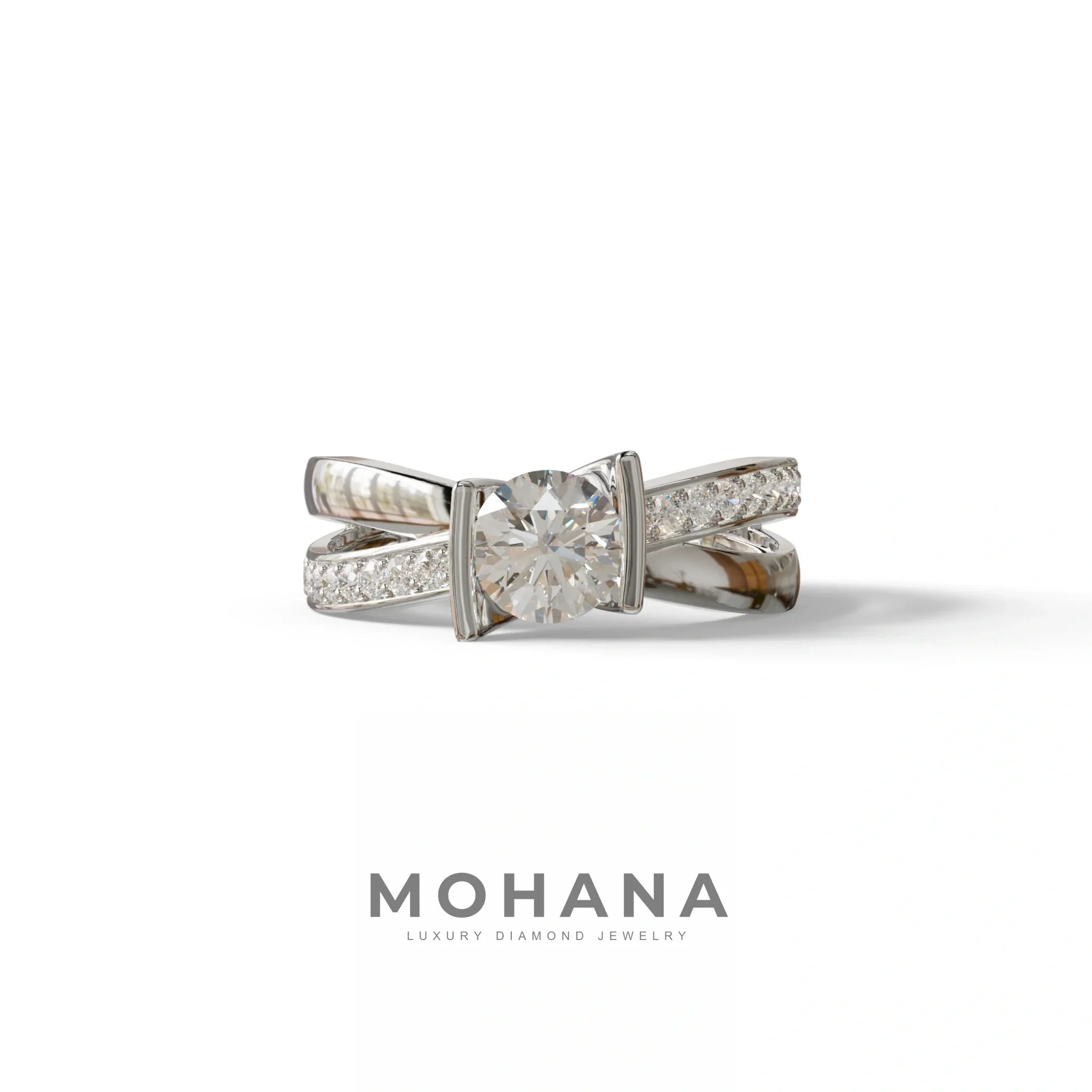 1 Carat E VVS Round Cut Lab Diamond Crossover Ring Pave Setting - Lisa - 10K Solid Gold / White Gold