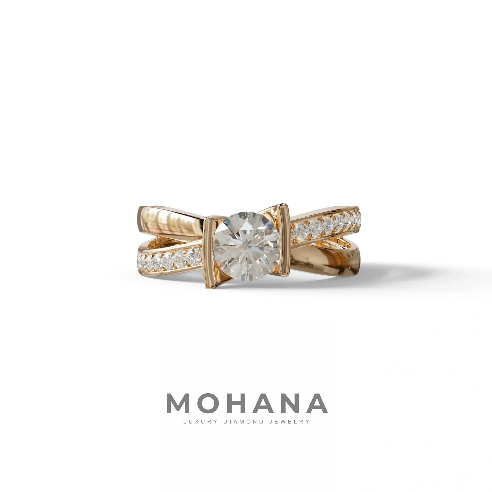 1 Carat E VVS Round Cut Lab Diamond Crossover Ring Pave Setting - Lisa - 10K Solid Gold / Rose Gold