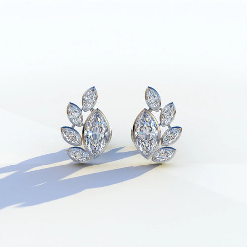 Marquise Cut Lab Diamond Stud Earrings | Stunning Bezel Setting - Gardenia Cluster - 10K Solid Gold / White Gold
