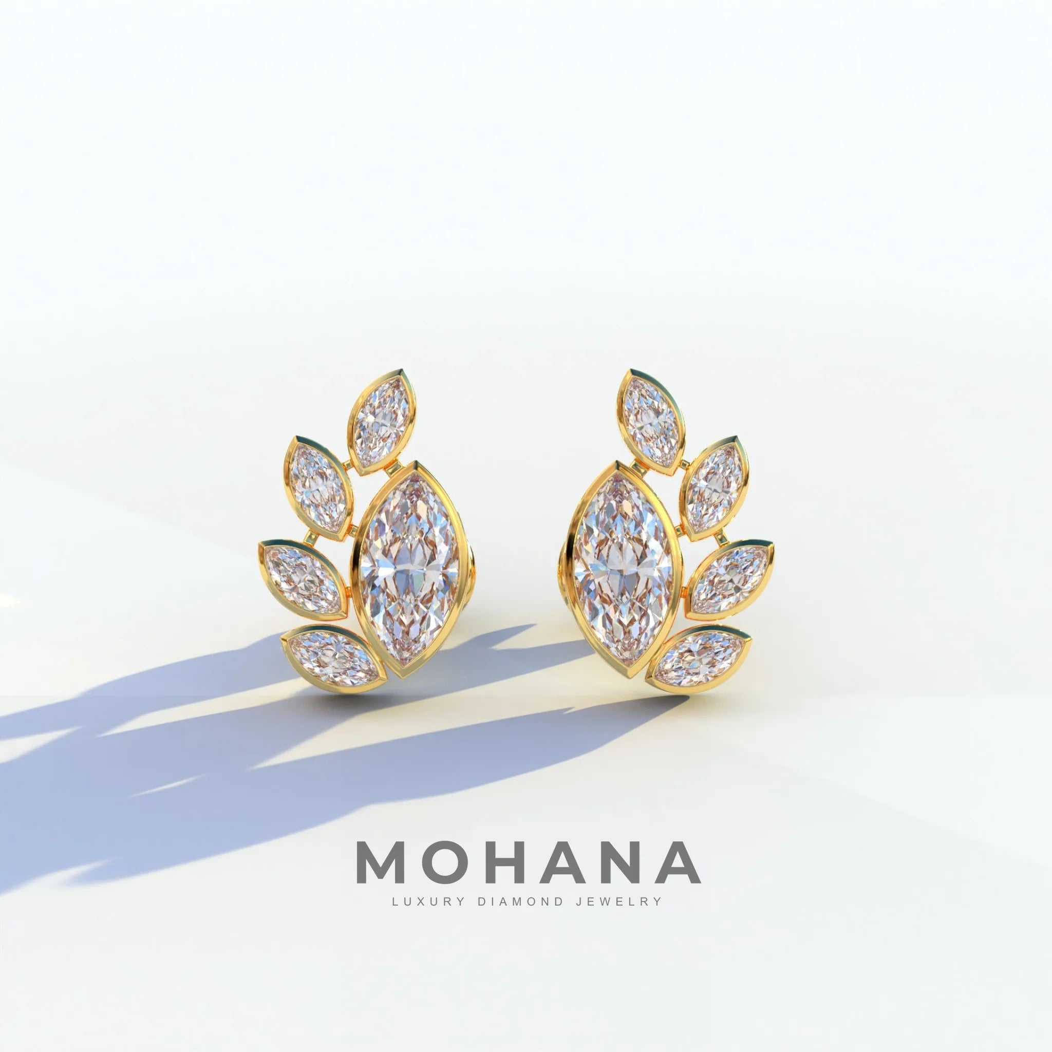 Marquise Cut Lab Diamond Stud Earrings | Stunning Bezel Setting - Gardenia Cluster - 10K Solid Gold / Yellow Gold