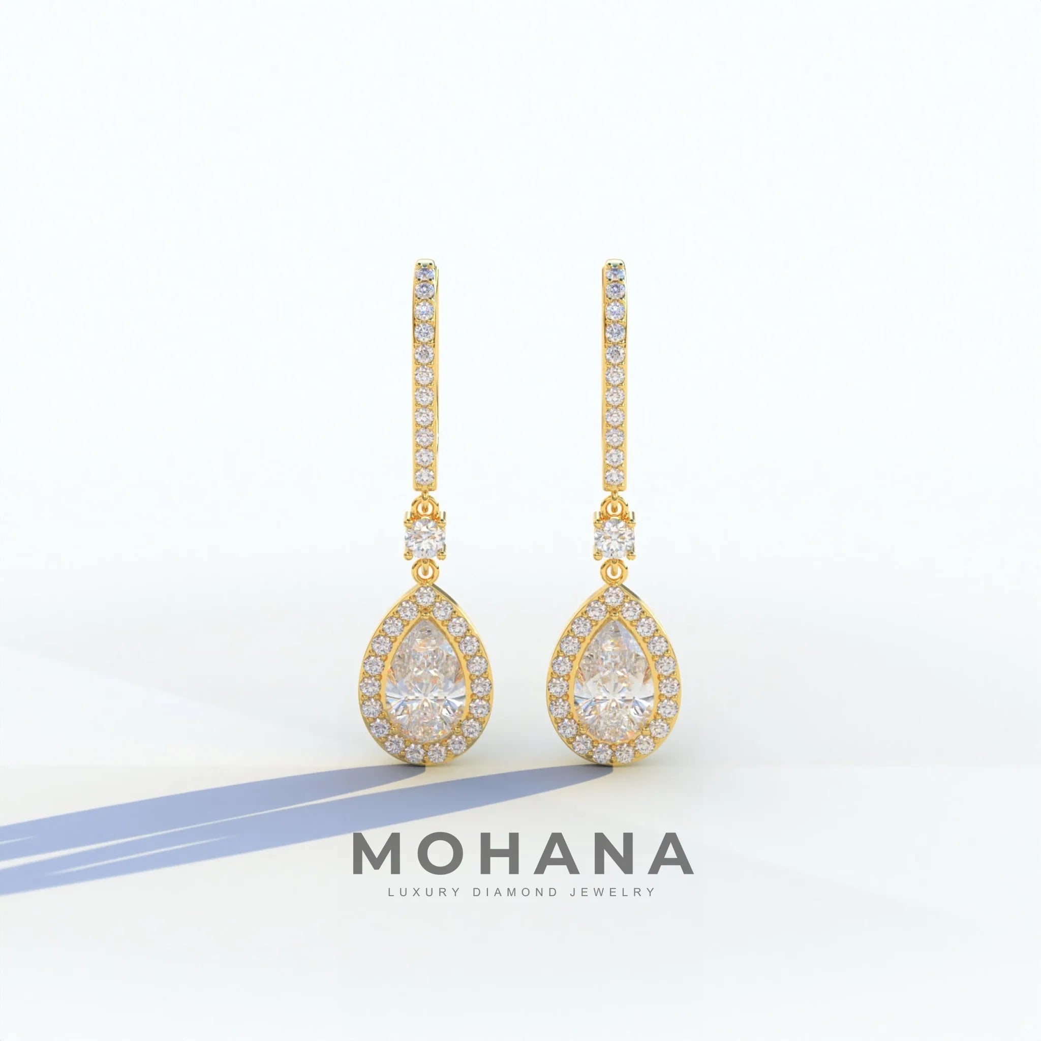 Cleopatra - Pear Cut Diamond Stud Earrings | Halo & Pave Setting | Certified - 10K Solid Gold / Yellow Gold