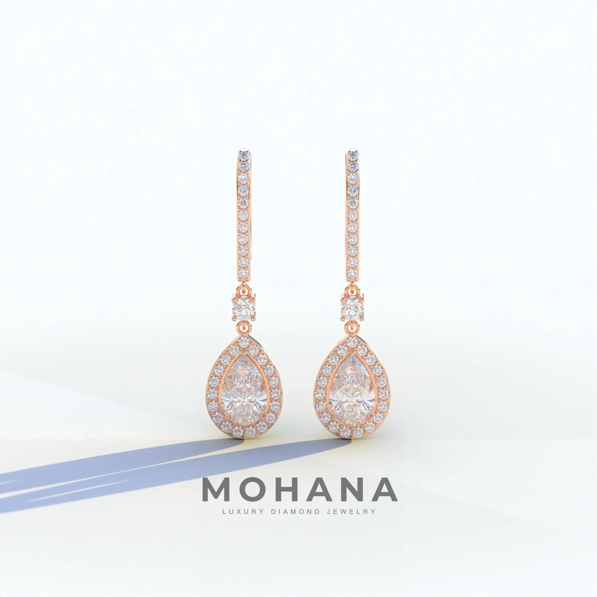 Cleopatra - Pear Cut Diamond Stud Earrings | Halo & Pave Setting | Certified - 10K Solid Gold / Rose Gold