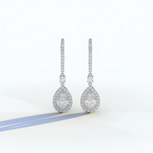 Cleopatra - Pear Cut Diamond Stud Earrings | Halo & Pave Setting | Certified - 10K Solid Gold / White Gold