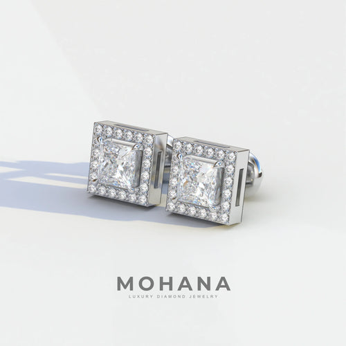 1 Carat E-VVS Princess Cut Lab Grown Diamond Halo Stud Earrings