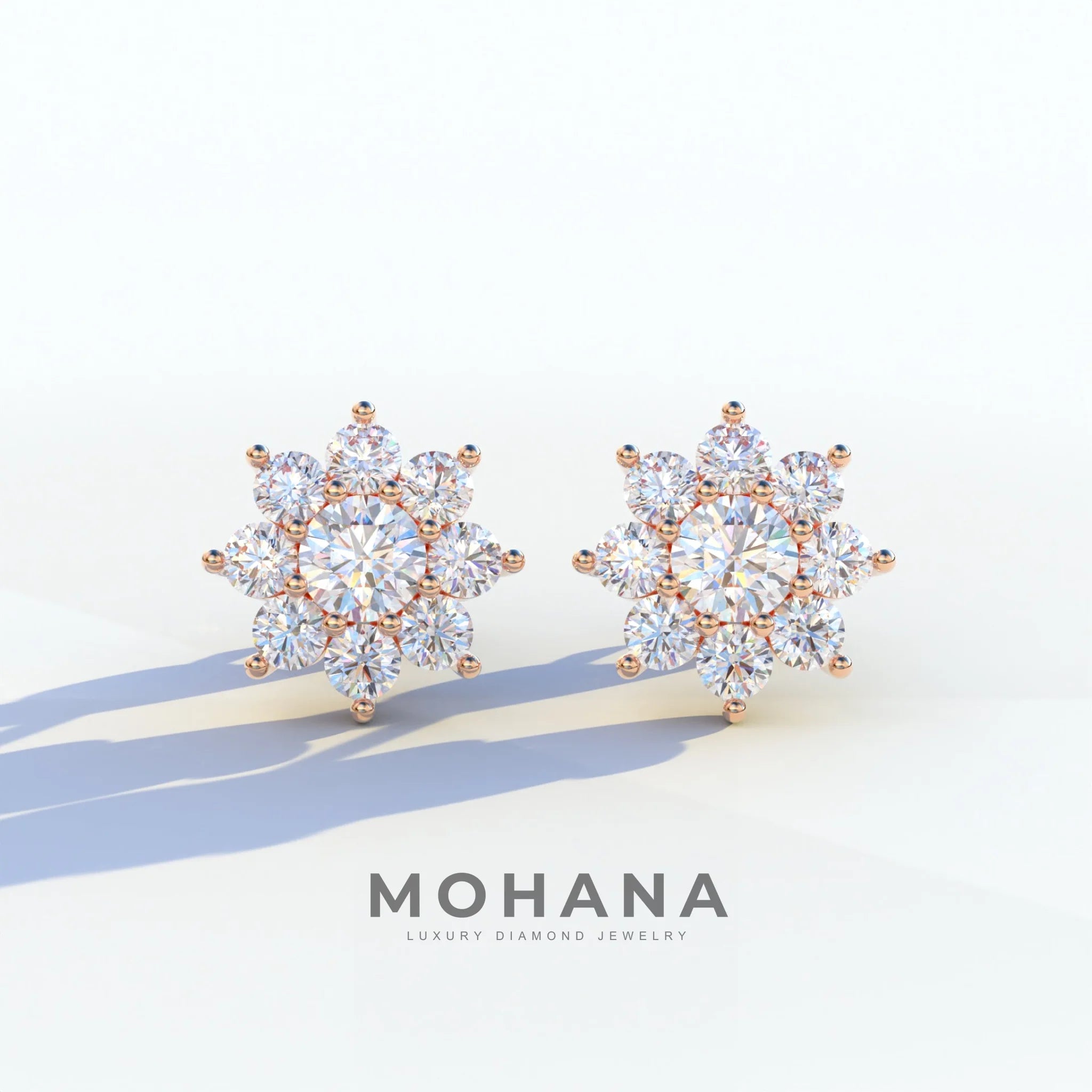 Persee - Colorless Round Cut Diamond Stud Earrings| Piercing Flower Setting - 10K Solid Gold / Rose Gold