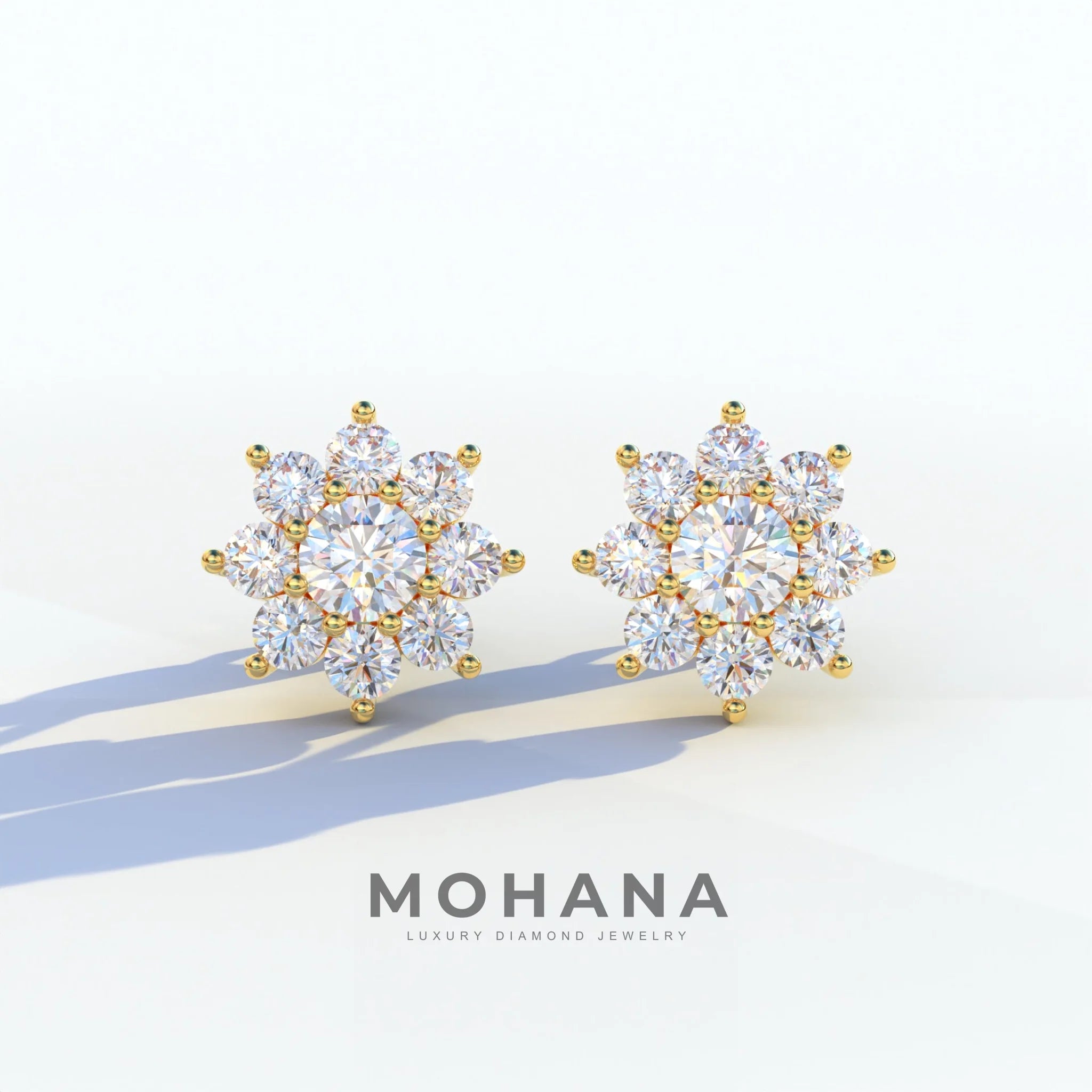 Persee - Colorless Round Cut Diamond Stud Earrings| Piercing Flower Setting - 10K Solid Gold / Yellow Gold