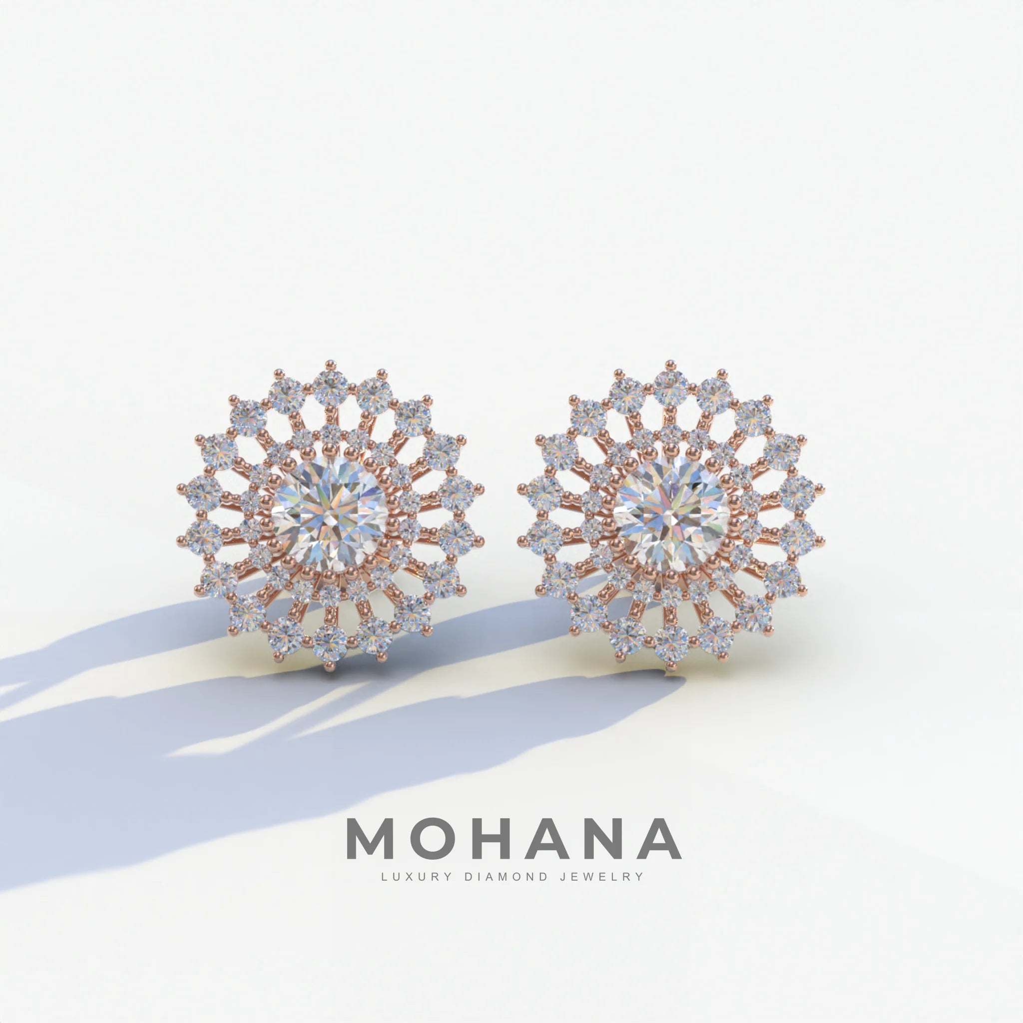 Aster - Colorless Round Cut Diamond Stud Earrings - 10K Solid Gold / Rose Gold