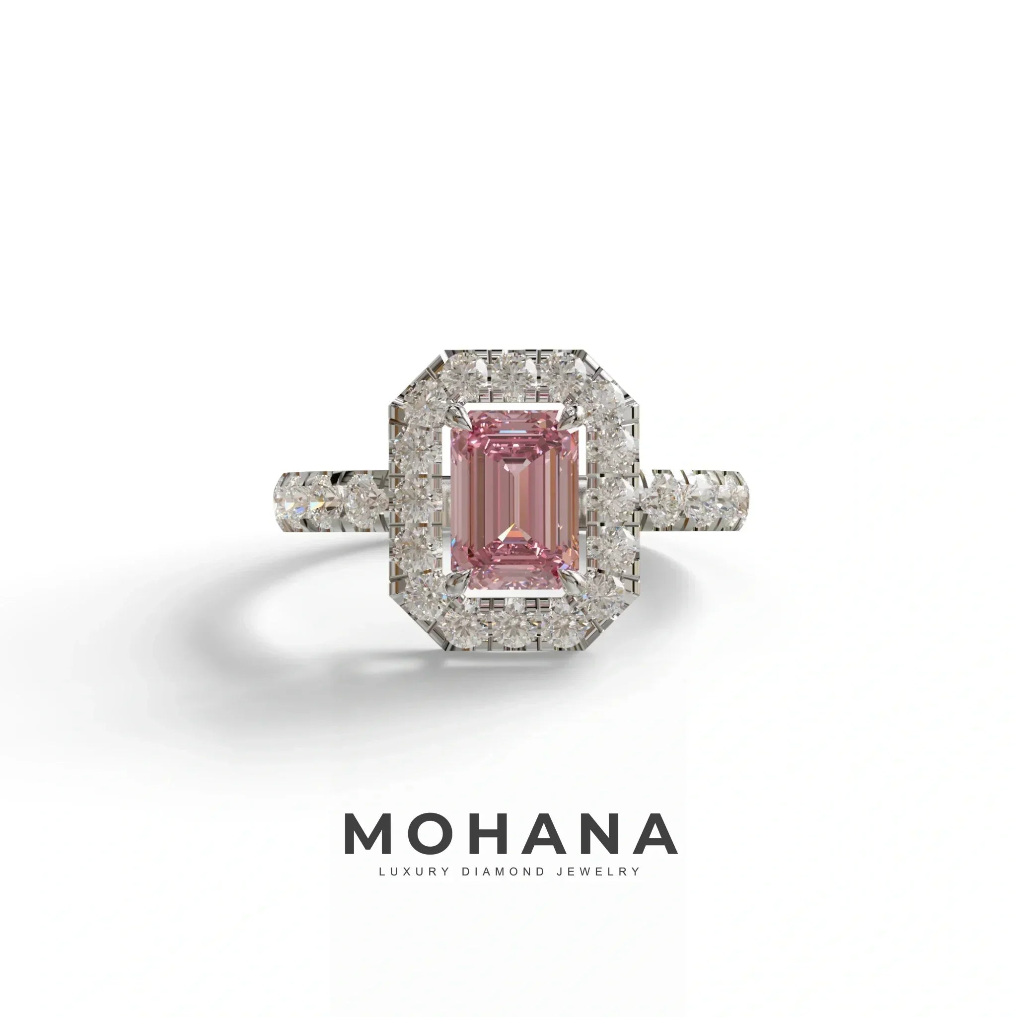 1 Carat Fancy Vivid Pink Emerald Cut Lab Diamond Halo Engagement Ring - Freesia - 10K Solid Gold / White Gold
